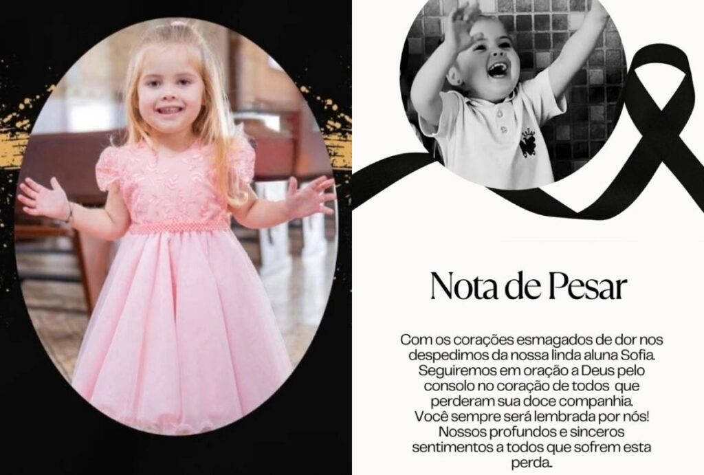 Montagem com foto da menina que morreu atingida pela trave e a nota de pesar