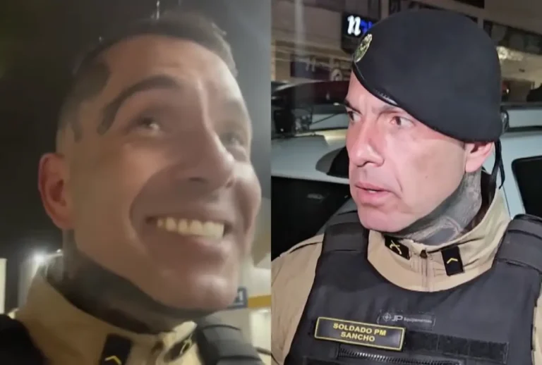 montagem com foto do pm conhecido como sancho loko. nas fotos ele aparece dando entrevista e em vídeo publicado nas redes dele