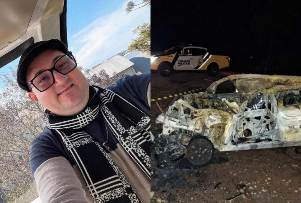 Montagem com fotos do professor Fernando Bergamin e do carro incendiado