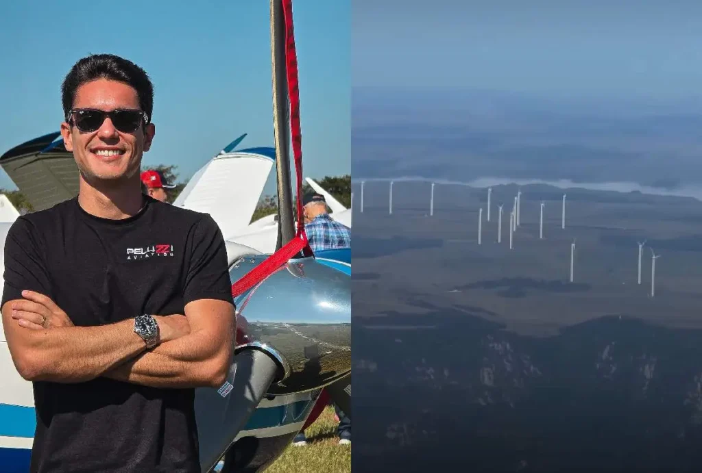 Montagem que mostra o piloto Renan Saes e print do vídeo publicado por ele antes da queda do avião
