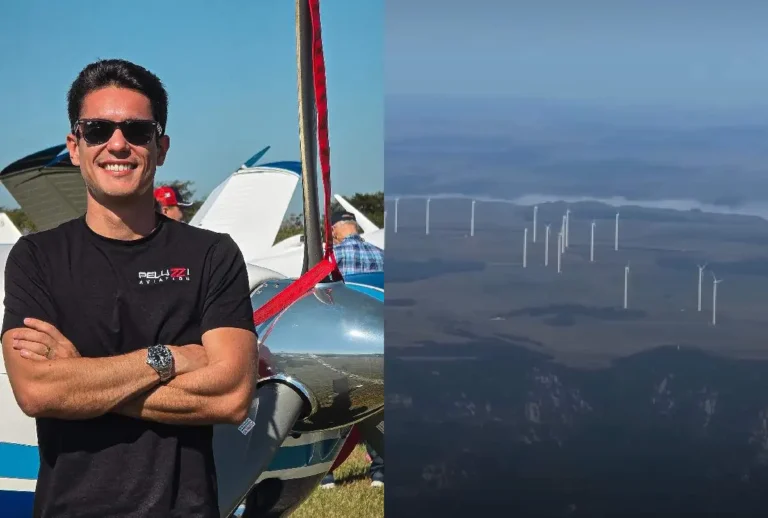 Montagem que mostra o piloto Renan Saes e print do vídeo publicado por ele antes da queda do avião