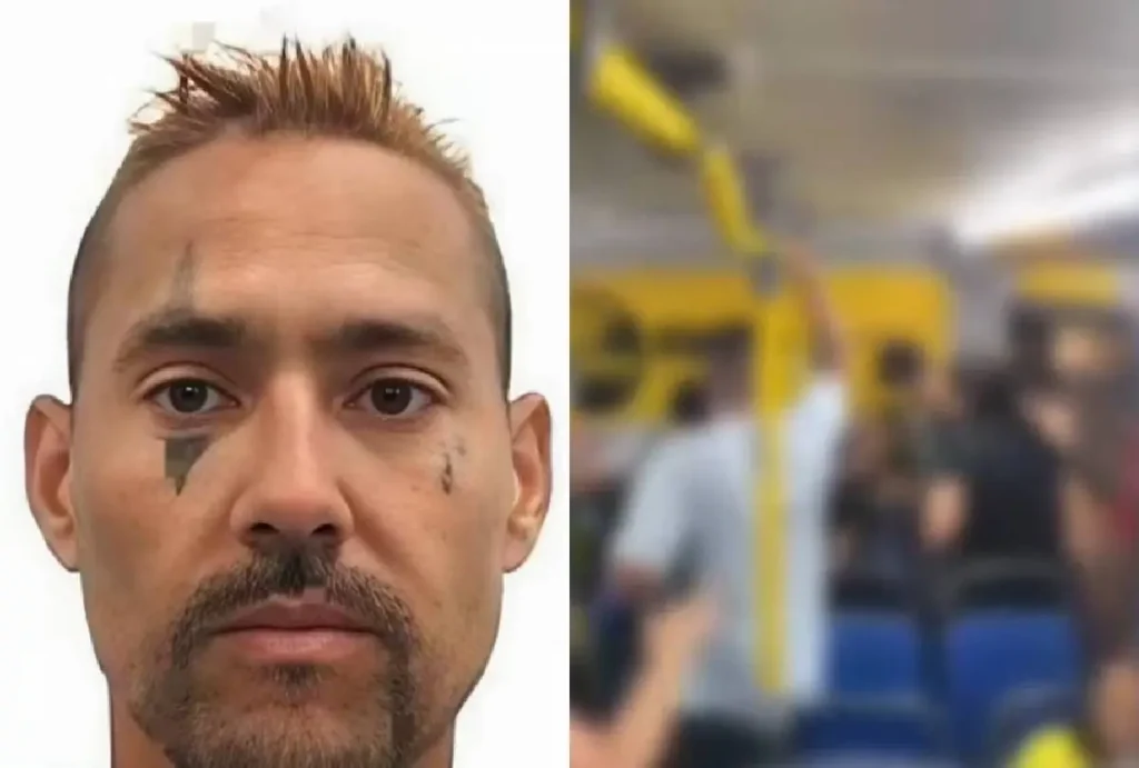 Montagem que mostra Thiago Henrique de Oliveira Araújo e confusão em ônibus