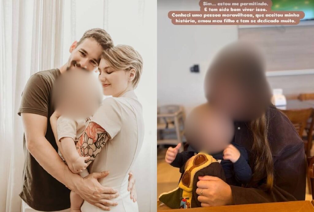 Montagem que mostra Lucas Veloso Borbas com Isabel Veloso e o filho e outra foto que msotra a atual de Lucas com o filho