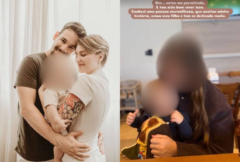 Montagem que mostra Lucas Veloso Borbas com Isabel Veloso e o filho e outra foto que msotra a atual de Lucas com o filho