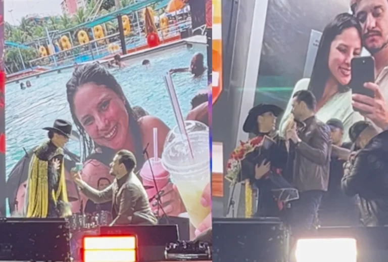 Montagem com fotos do pedido de casamento no palco da ExpoIngá