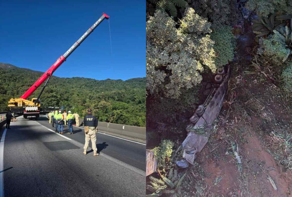 Montagem com fotos do resgate após acidente no Viaduto dos Padres