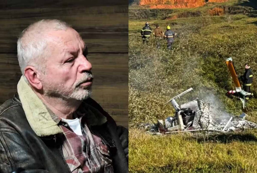 Montagem com fotos de Hans Ulrich Frank e do helicóptero após o acidente