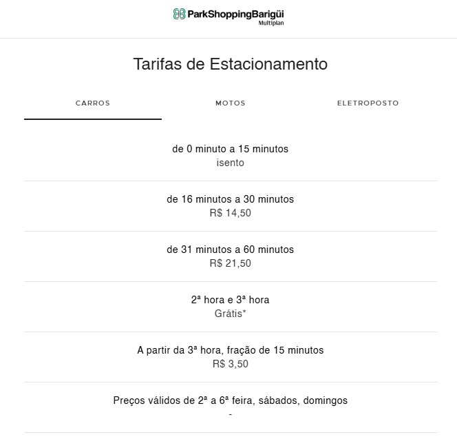 Preços do estacionamento do ParkShopping Barigui