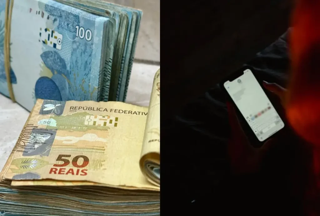dinheiro e celular com mensagem golpe