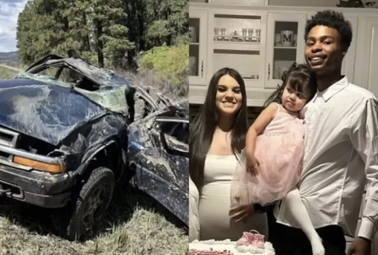 Montagem com carro destruido e família da menina que sobreviveu
