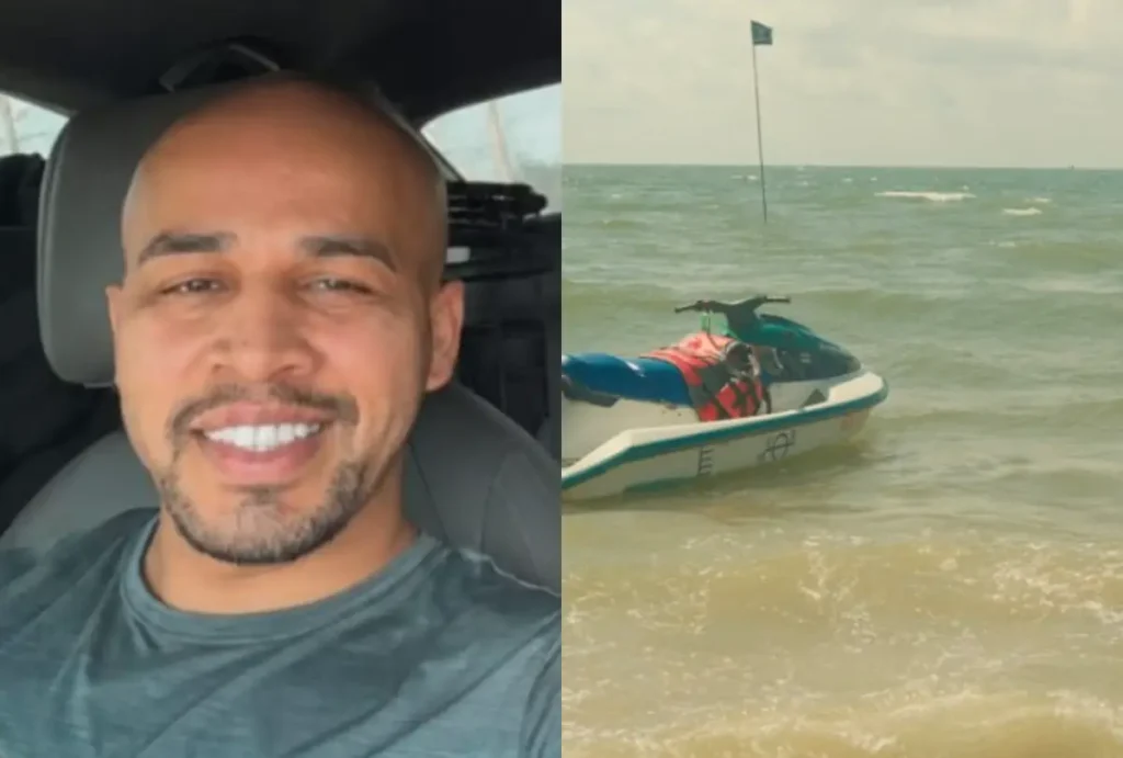 Ederson e um jet ski na montagem. Ele morreu após se desequilibrar e cair.
