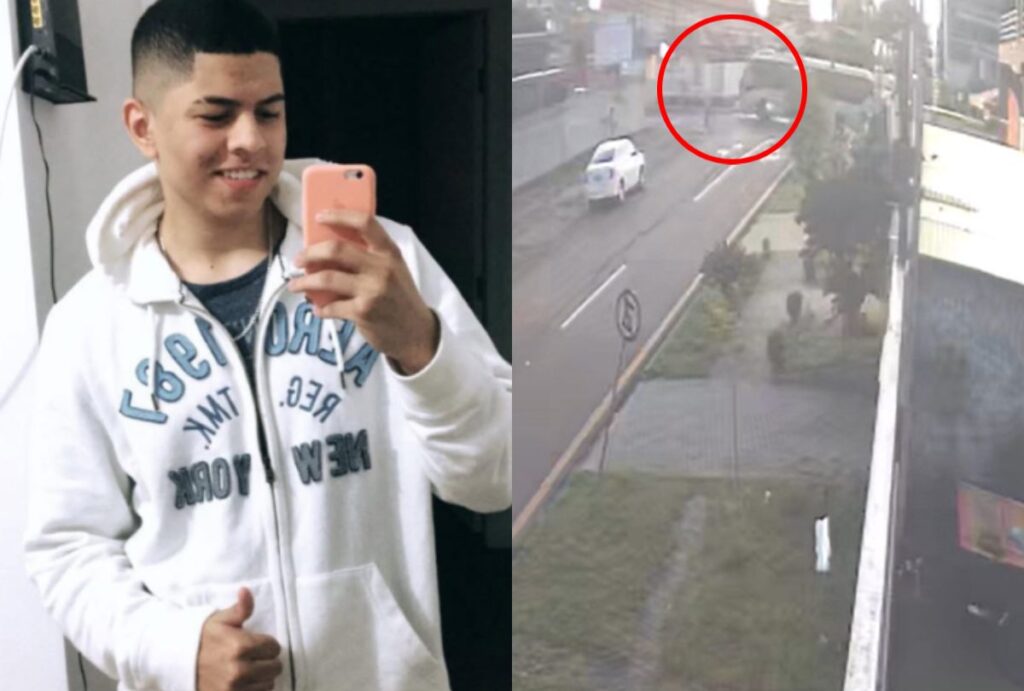 Montagem com fotos do motoboy João Pedro e do local do acidente em Curitiba