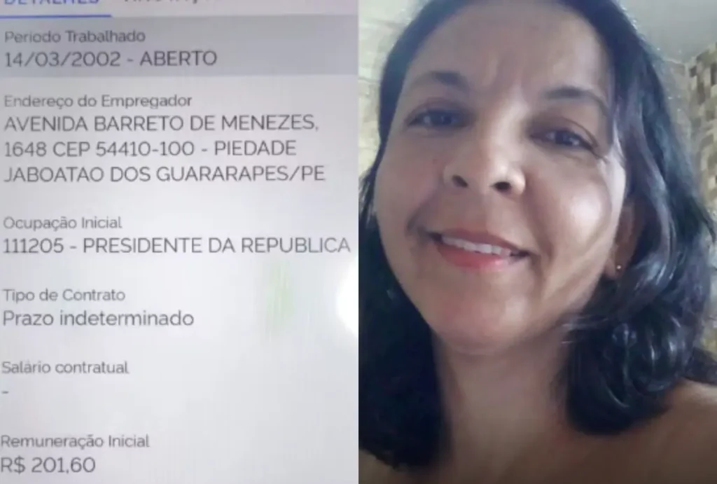 Uma mulher, identificada como Aldenize Ferreira da Silva, foi procurar emprego e descobriu que estava registrada como presidente da República