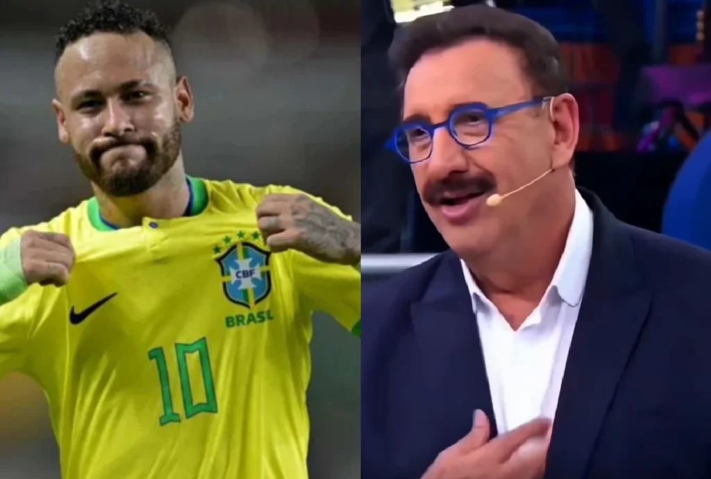 Neymar com camisa da seleção brasileira de um lado e o apresentador Ratinho de outro