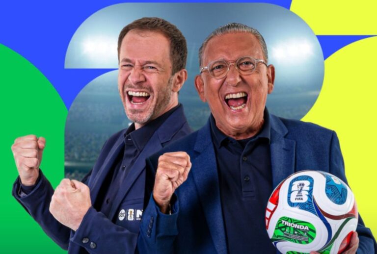 Banner de divulgação com Galvão Bueno e Tiago Leifert