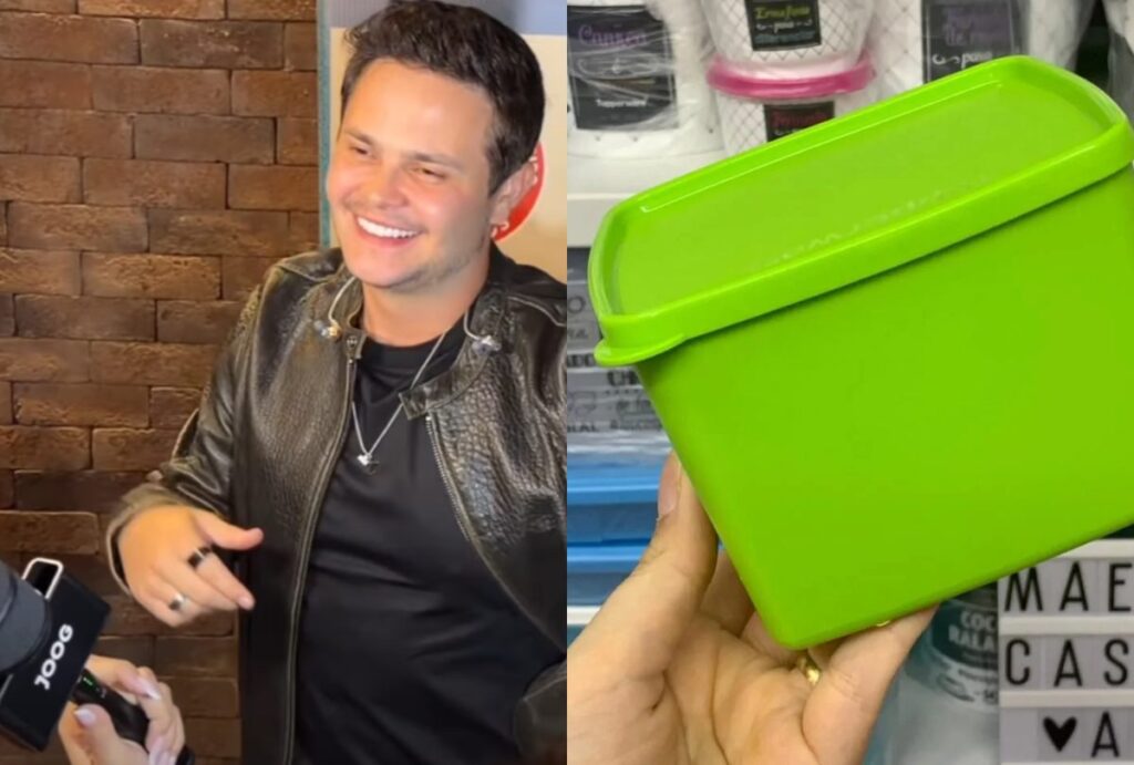 Montagem com foto de Matheus da dupla com Kauan e uma tupperware