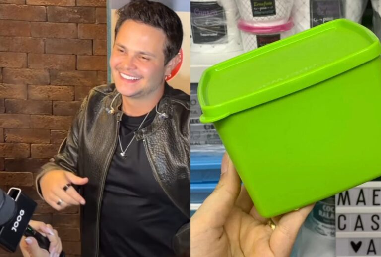 Montagem com foto de Matheus da dupla com Kauan e uma tupperware