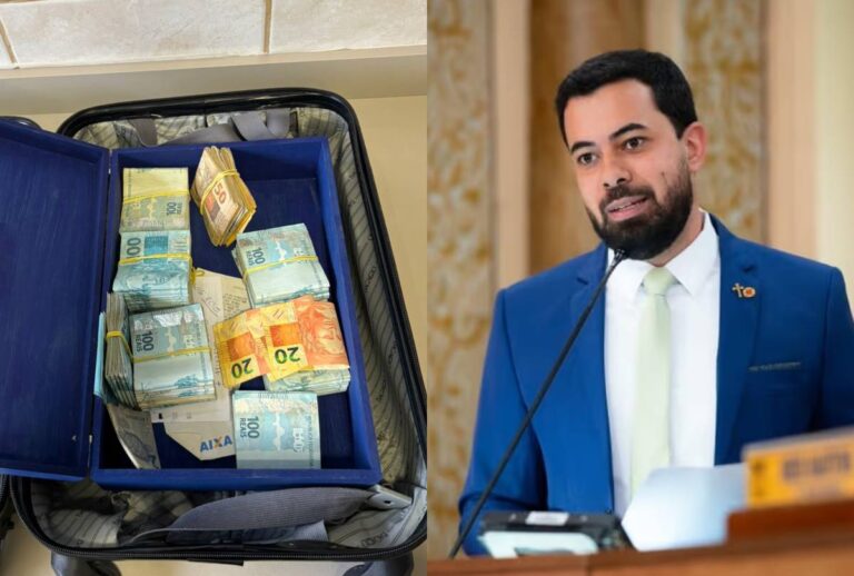 Montagem com fotos de uma mala com dinheiro e do vereador Lórens Nogueira