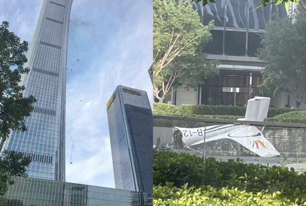 Montagem com fotos de acidente de avião com prédio
