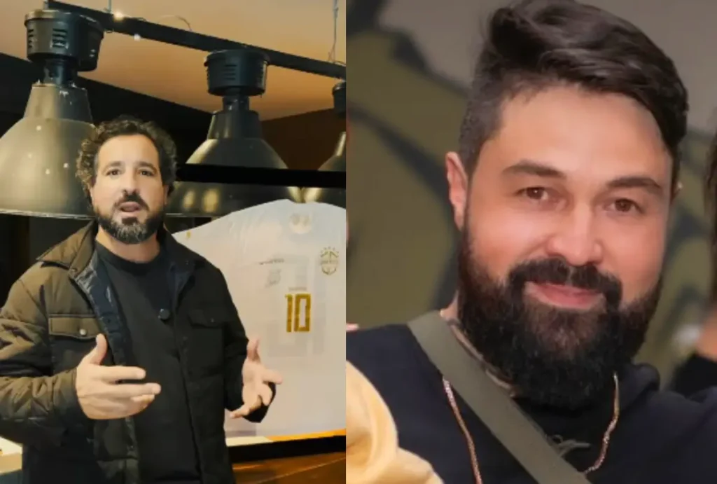 Fernando Donnabela a esquerda, com a camiseta sorteada para custear o tratamento de Bruno Hassum a direita.