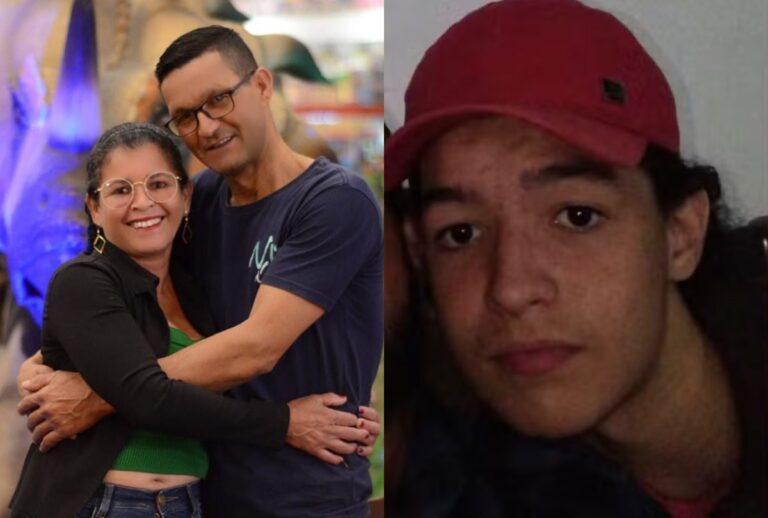 Montagem com fotos do casal morto e do suspeito
