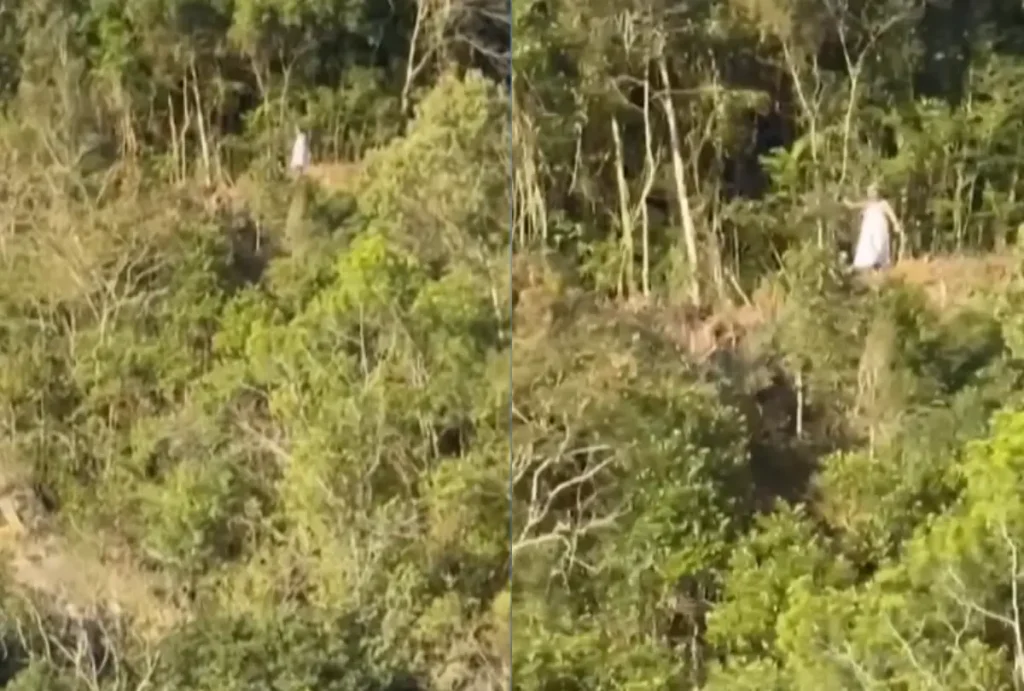 Uma mulher da branco andando no meio do mato no parque Tanguá em curitiba