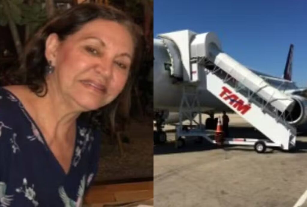 Montagem com fotos de Maria da Glória Pereira da Silva Fávaro e da escada do avião