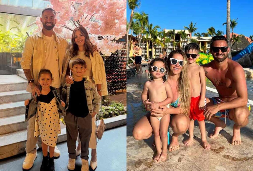 Montagem com fotos do jogador Lucas Trejo com a família