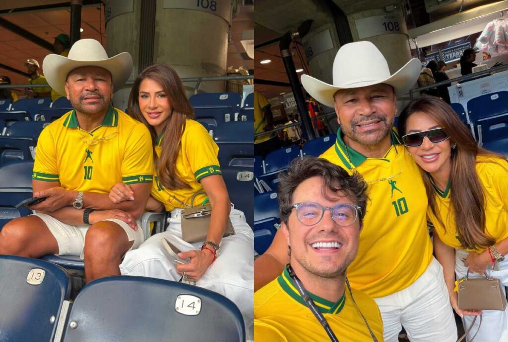 Montagem com fotos de Neymar Pai e a namorada