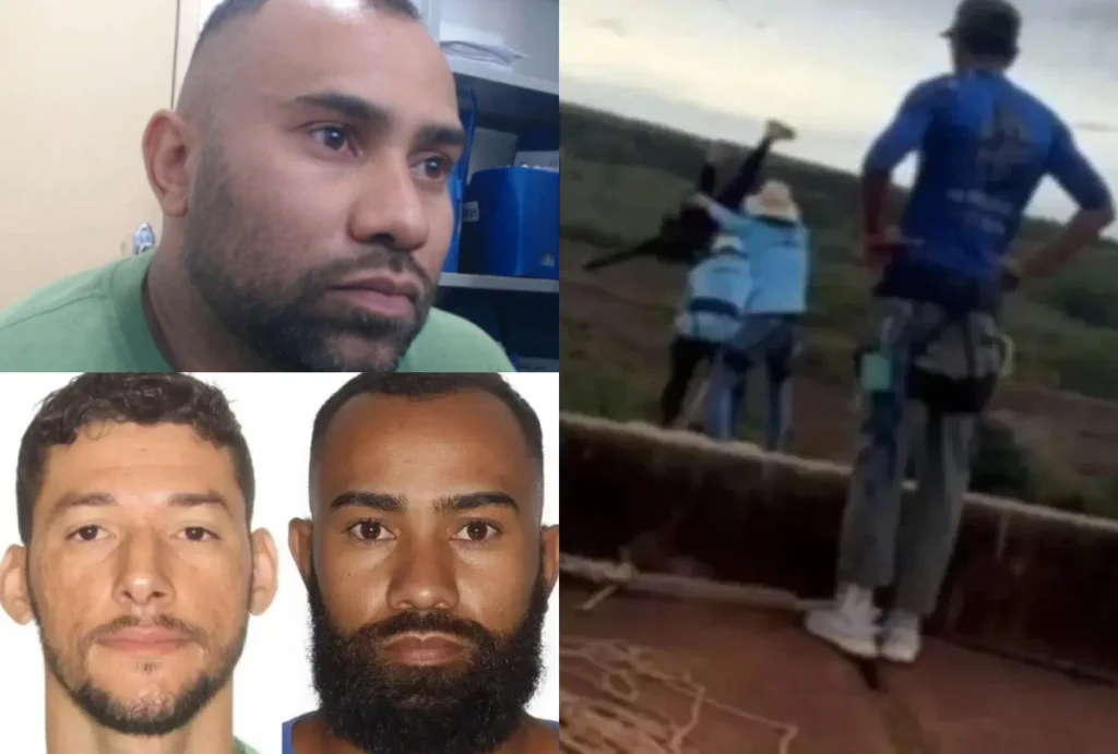 Do lado os homens presos e responsáveis pela morte de Maria Eduarda, e do lado direito ela sendo jogada da ponte.
