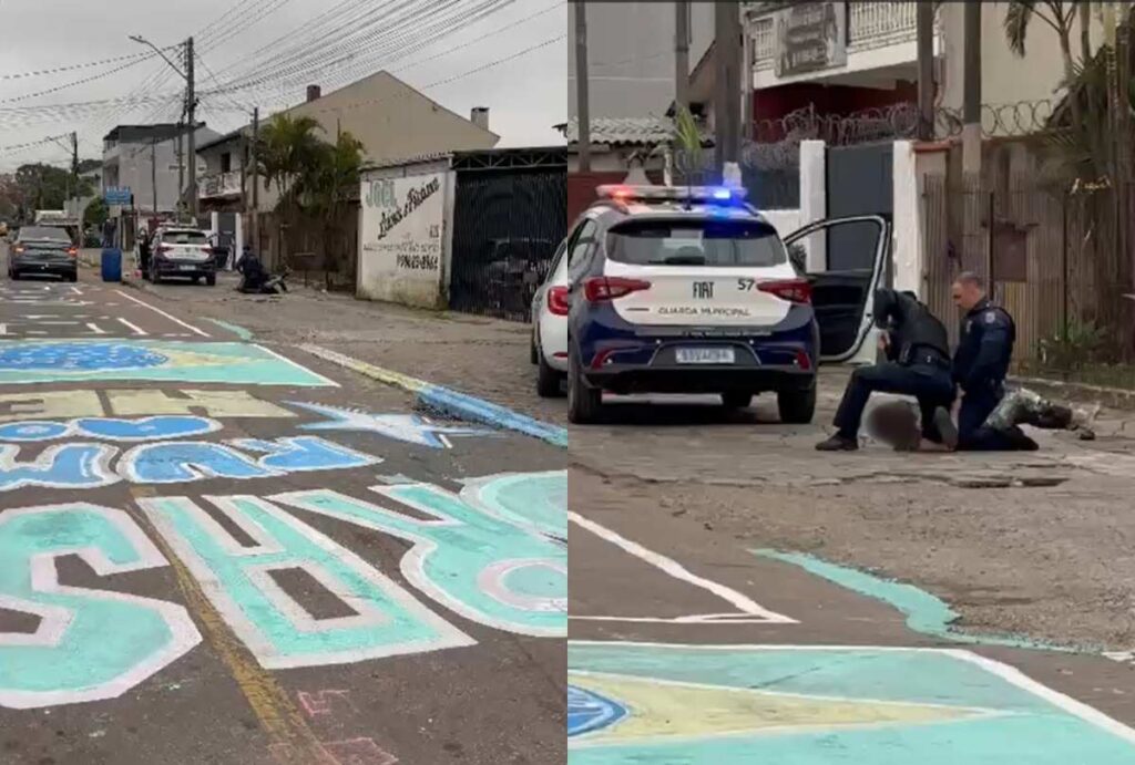 Montagem com fotos da rua com pinturas da Copa do Pinheirinho