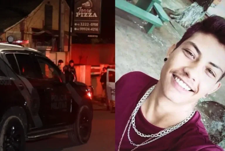 De um lado a cena do crime, e do outro a vítima Vinicius Ortiz assassinado em Ponta Grossa.