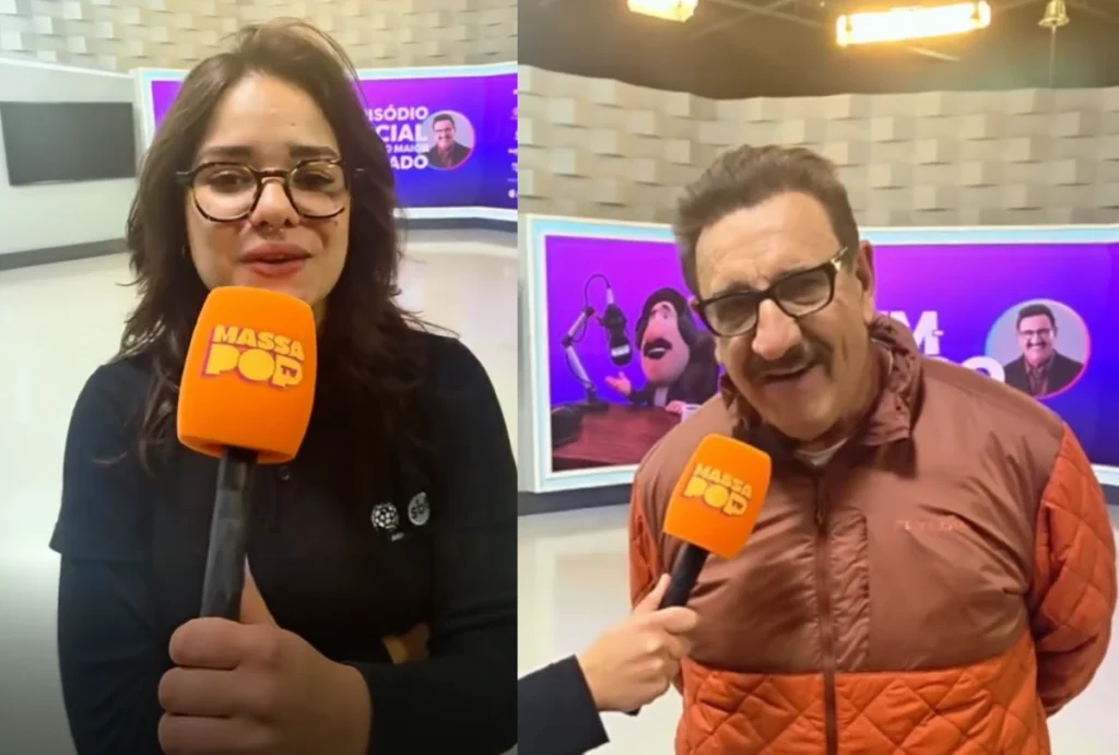 Repórter do Massa Pop do lado esquerdo, Laura Fontes, do lado direito, o apresentador Ratinho.