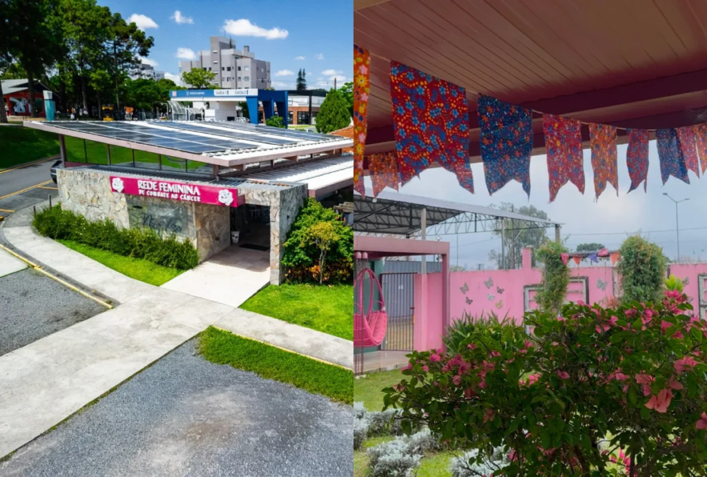 Na imagem da esquerda uma foto panorâmica da sede da Rede Feminina de Combate ao Câncer, e a outra a decoração do interior