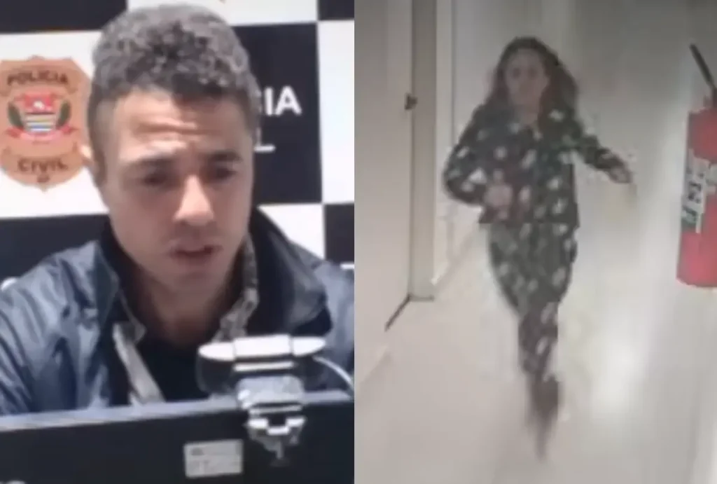 Imagens mostram o agressor prestando depoimento e a mulher fugindo no dia do crime