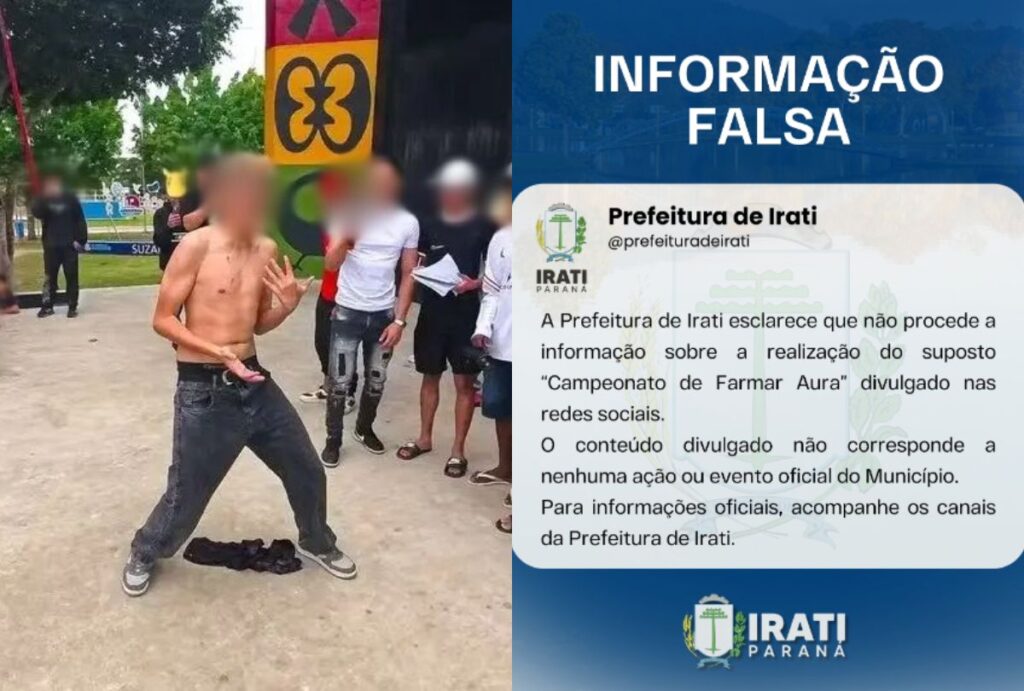 A Prefeitura de Irati desmente boato sobre suposto 'Campeonato de Farmar Aura'. A imagem usava indevidamente o nome do município.