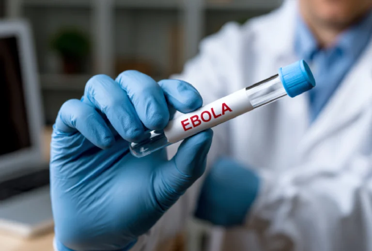 Imagem gerada por Ia de um cientista com um frasco escrito ebola
