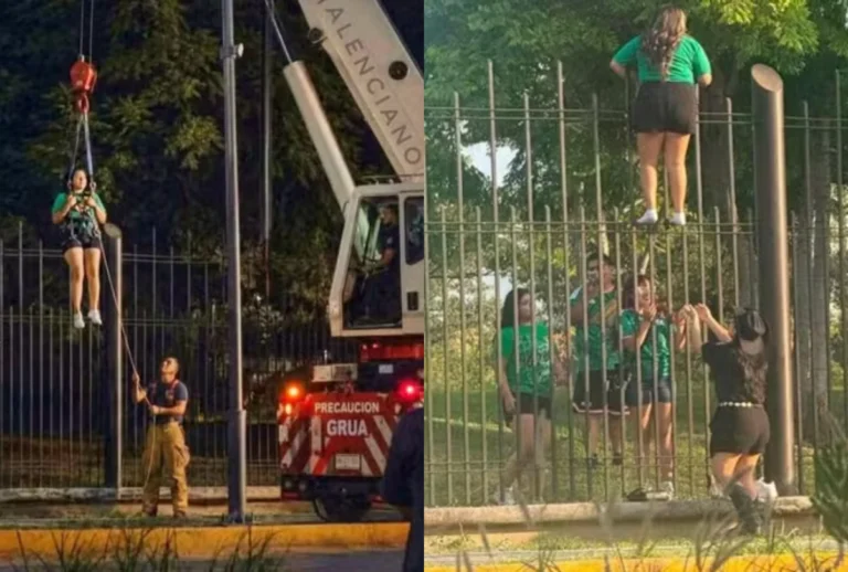 Torcedora mexicana foi resgatada após ficar presa em grade tentando invadir festa na Copa do Mundo em parque de Monterrey