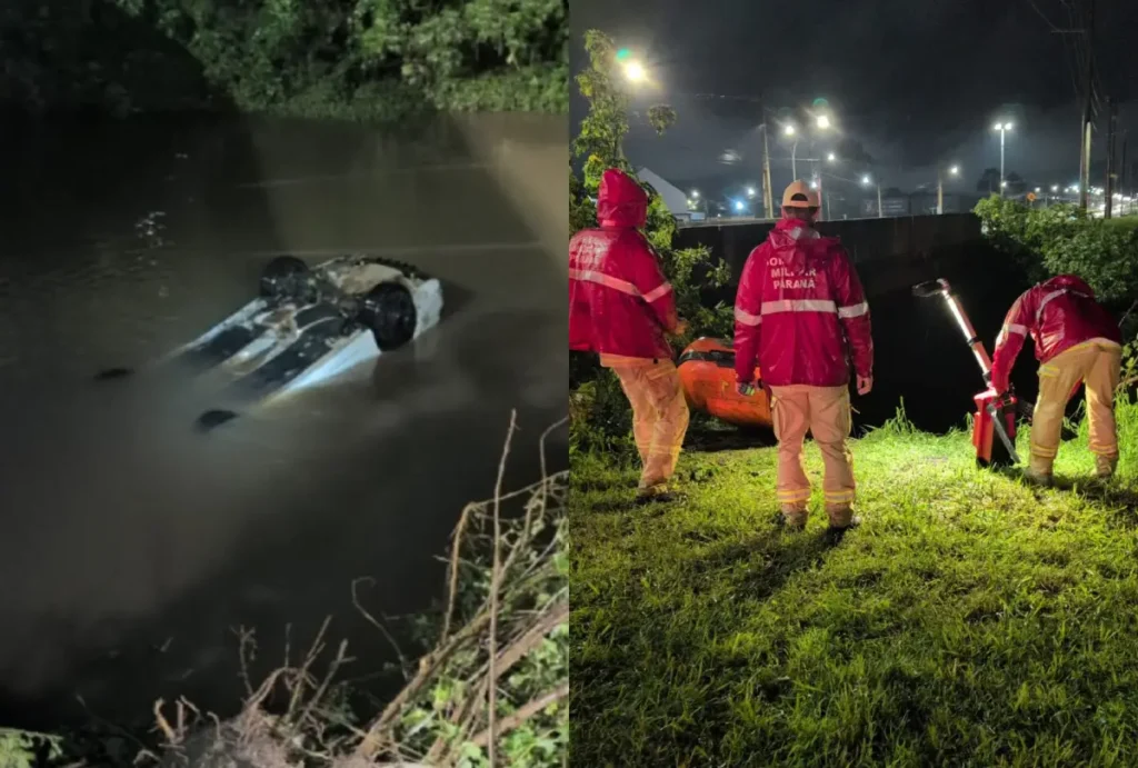 Carro caiu no rio em Pinhais