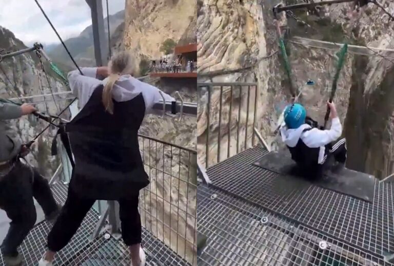 A mulher sobreviveu ao salto e chegou a ser questionada se queria pular novamente ao retornar à plataforma.