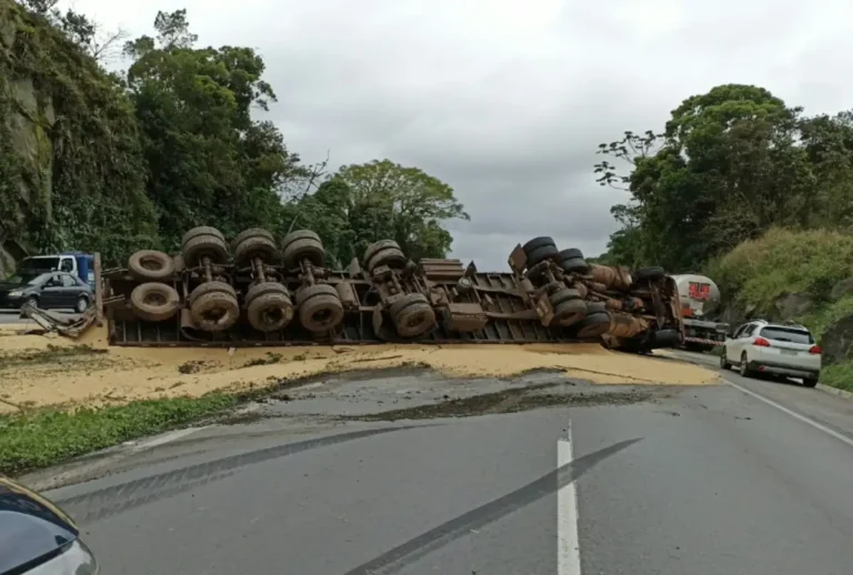 Um caminhão carregado com soja tombou na BR-277, no sentido Paranaguá, no Litoral do Paraná, nesta segunda-feira (12).